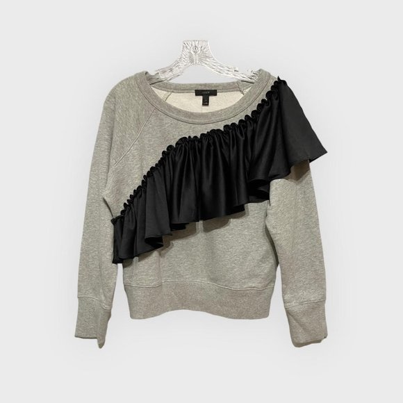 J. Crew Small Grey Crewneck Black Ruffle Sweatshirt NEW WITH TAGS - Picture 3 of 8
